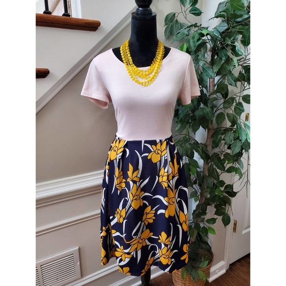 Vintage Oxiuly Blue Yellow Puffy Swing Knee Length Dress W/ Pockets Size M - Picture 1 of 15
